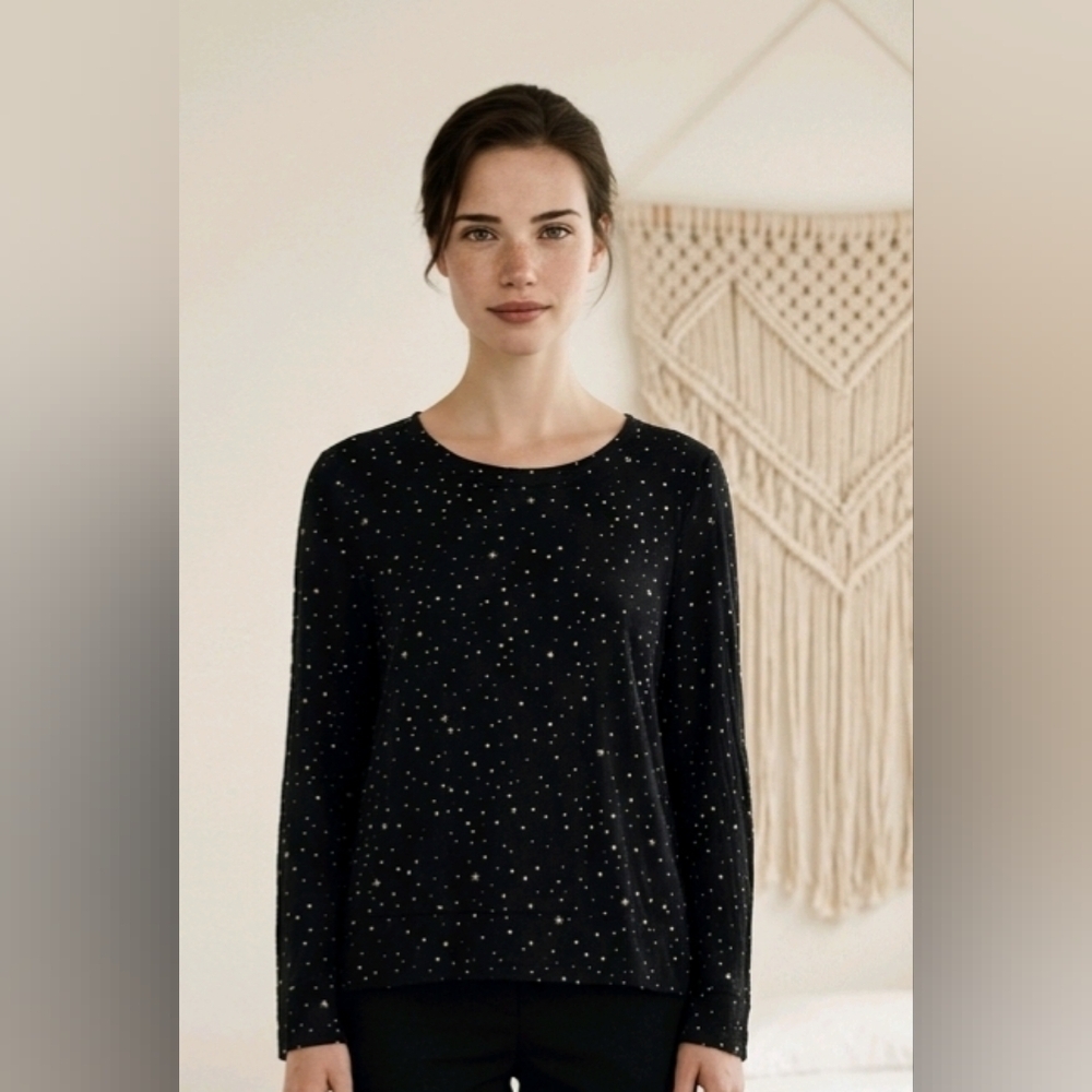 Kate Spade SZ L Starry Night Black White Super Soft Long Sleeve Pajama Sleep Top